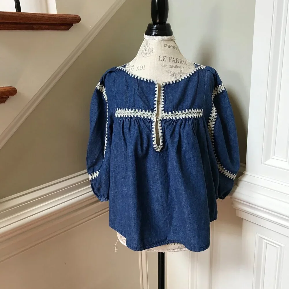 Zimmermann Chintz Denim Smock Top Shirt Blouse Womens 3 Large Blue Cotton Boho